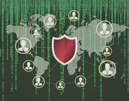 An illustration featuring a world map with interconnected individuals represented by icons, centered...