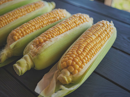 Several ears of freshly picked corn are displayed on a wooden table. The corn is partially husked,...