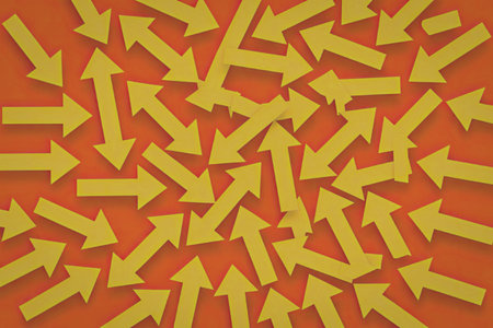 A vibrant image featuring numerous yellow arrows pointing in various directions against a bold red...