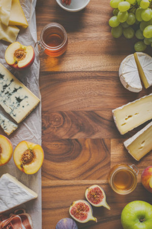 A wooden table displays an assortment of cheeses and fresh fruits, including grapes, apples, figs,...
