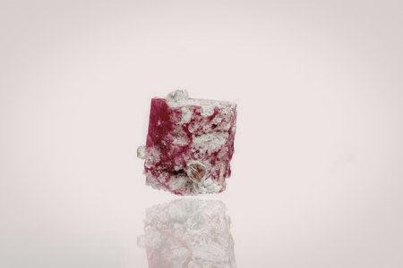 A close-up image of a pink crystal with white and gray accents on a plain white background.