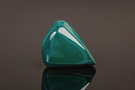 A smooth, shiny green stone with a triangular shape and a reflective surface, set against a dark...