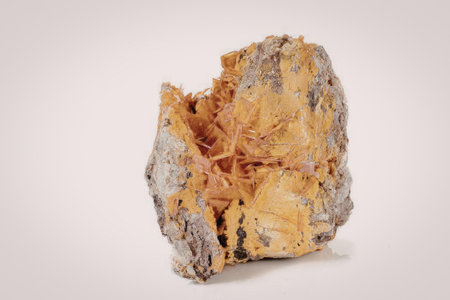The image shows a raw mineral specimen with a vibrant orange and yellow color, featuring a rough...