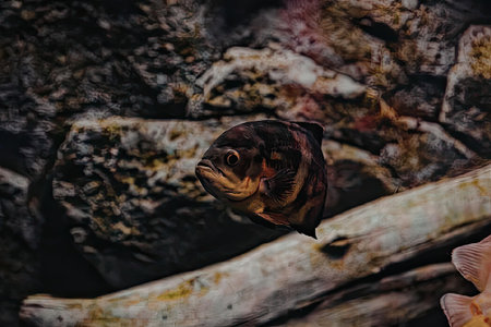 A dark-colored fish with distinctive markings peers out from behind a branch-like structure, set...