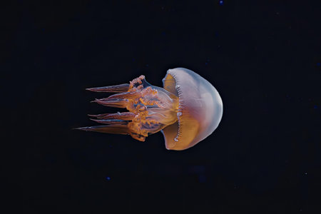 A jellyfish is swimming in the dark water with its tentacles trailing behind it.