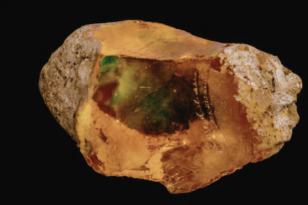 This image shows a large piece of amber with a green inclusion. The amber is mostly orange and has a...