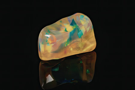 A large opal gemstone with a rounded rectangular shape, showcasing a vibrant display of rainbow...