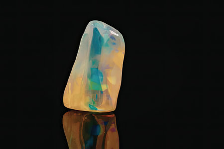 A large opal gemstone with a rough, irregular shape and a vibrant, iridescent color display, set...