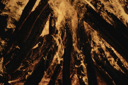 This image depicts a large fire with many flames burning brightly. The fire appears to be intense,...