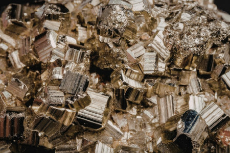 A close-up image of a pile of shiny pyrite crystals with various shapes and sizes.