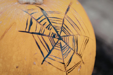 A close-up of an orange pumpkin with a spider web design drawn on it in black.