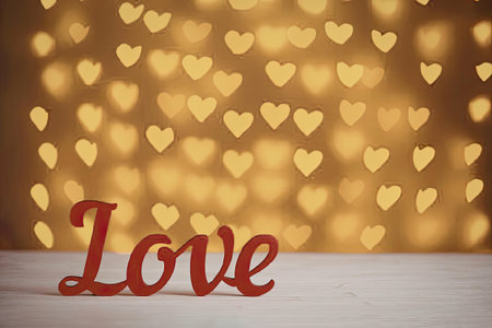 A visually appealing image featuring the word 'Love' in red against a backdrop of golden heart-shaped lights.の写真素材
