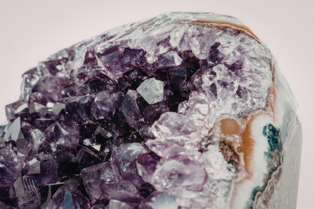 A close-up view of a purple amethyst geode crystal cluster with a rough exterior and sparkling crystals.の写真素材