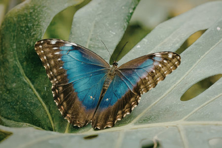 A blue and brown butterfly resting on a large green leaf with holes.