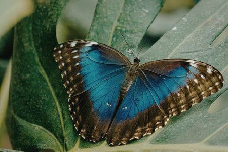 A butterfly with blue and brown wings resting on a green leaf.