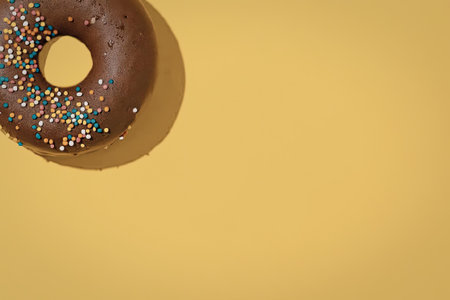 A chocolate donut with colorful sprinkles on a yellow background