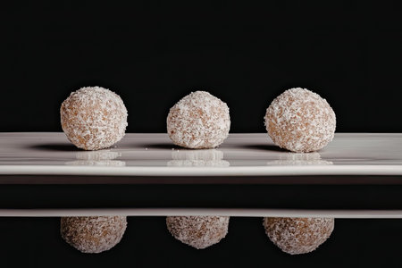 Three round coconut truffles on a shiny surface with a black background, reflecting their image.