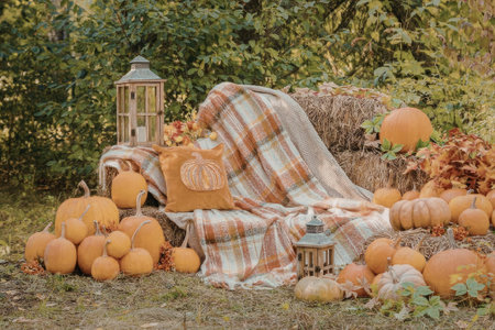A rustic fall scene featuring a collection of pumpkins, hay, and autumnal decorations in a natural...
