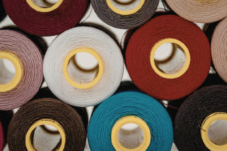 A collection of colorful spools of thread arranged in rows, showcasing a variety of vibrant hues.