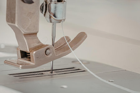 A close-up view of a sewing machine's metal parts and white thread being sewn