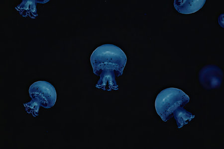 A group of blue jellyfish swimming in the dark water, their translucent bodies glowing with a soft...