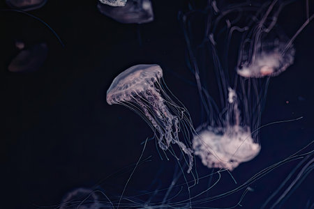 A group of jellyfish swimming in the dark blue ocean, their translucent bodies glowing in the dim...