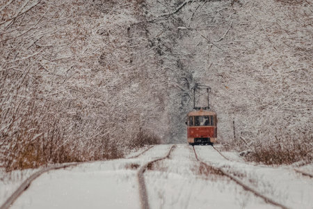 A red train travels down a snow-covered track surrounded by snow-laden trees on a winter day.