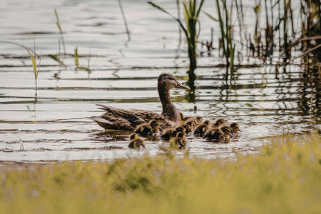 A mother duck and her ducklings swimming in a pond with grass and reeds in the background