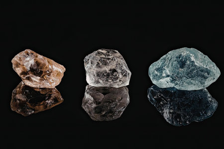 Three rough, uncut diamonds in different colors, brown, clear, and blue, on a reflective black...