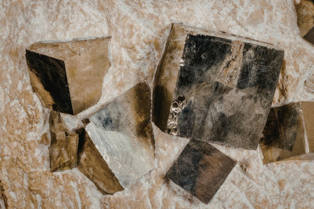 A close-up view of pyrite crystals embedded in a rock surface, showcasing their metallic luster and...
