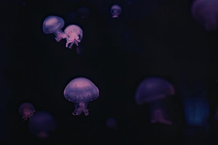 a group of purple jellyfish swimming in dark water