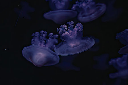 a group of purple jellyfish swimming in dark water with their tentacles visible