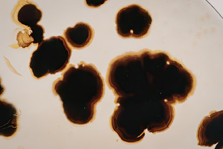A microscopic image showing various dark brown or black colonies on a light-colored agar plate,...