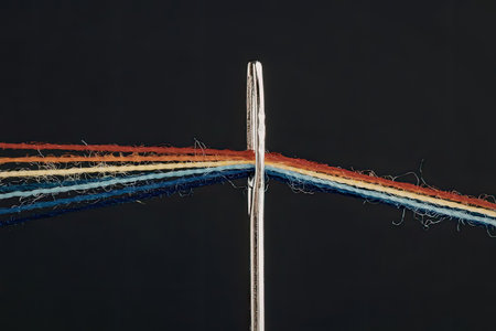 A silver needle or pin refracts light into a rainbow of colors against a black background.