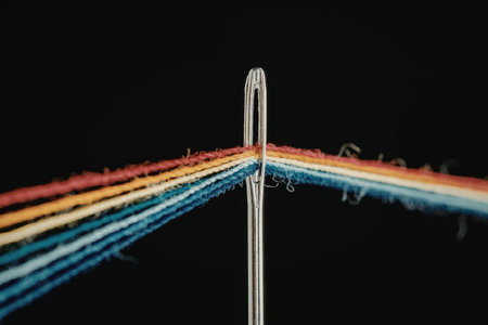 A close-up image of a needle with multiple rainbow-colored threads being threaded through it, set...