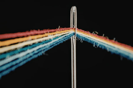 A close-up image of a needle with multiple colorful threads passing through it, set against a stark...