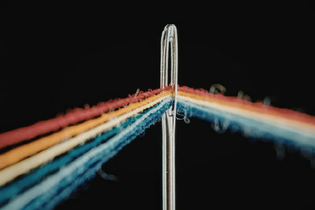 A sewing needle with a vibrant array of colorful threads passing through it, set against a stark...