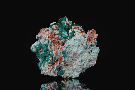 A colorful mineral specimen with vibrant green and red hues on a black background, showcasing its...