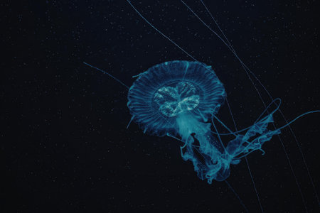 A blue jellyfish with a translucent body and long tentacles swimming in the dark water.