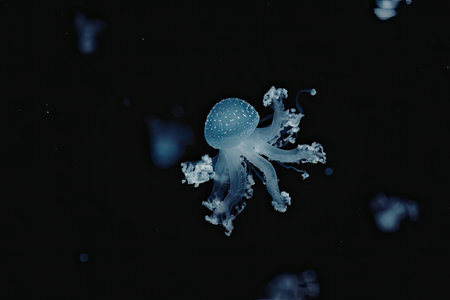 A blue jellyfish swims in the dark water with other jellyfish in the background.
