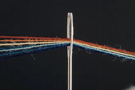 A sewing needle with a multicolored thread, showcasing a vibrant spectrum of colors including red,...