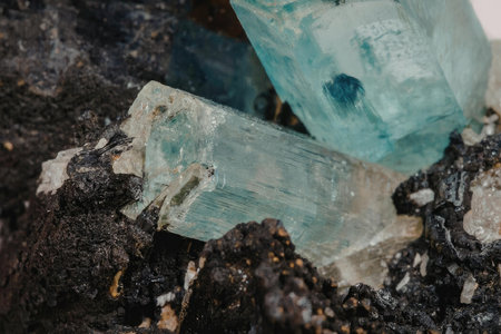 This image presents a detailed view of a rough aquamarine crystal, showcasing its unique shape and...