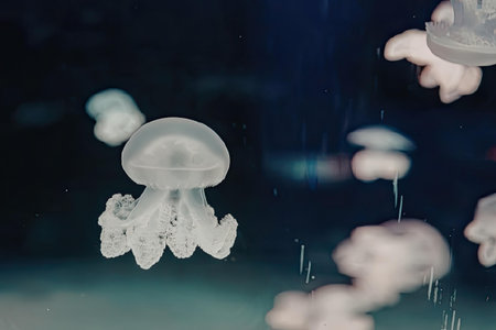 A close-up shot of a group of jellyfish swimming in the ocean, with one jellyfish in focus and...