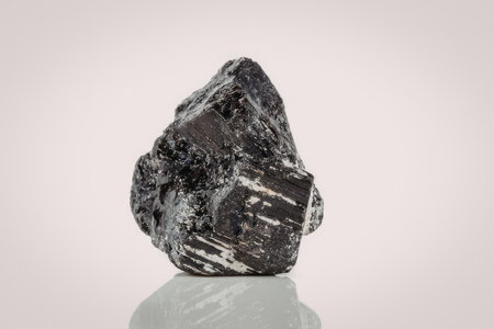 A large black rock with a rough texture sits alone on a white surface, with a slight reflection visible underneath it.の写真素材