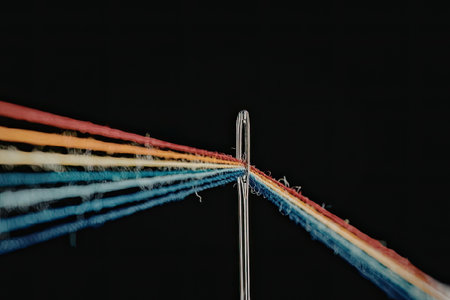 The image depicts a close-up view of a thread with rainbow colors passing through a needle, set against a black background.の写真素材