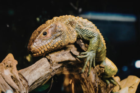 a green lizard sitting on a tree branch, showcasing its vibrant scales and sharp claws, with a dark...
