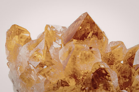 A close-up image of a cluster of citrine crystals with a warm orange color and sharp points, set...