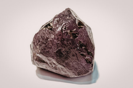 A large, rough, purple rock sits on a white surface, casting a shadow to the right. The rock is the main focus of the image.の写真素材