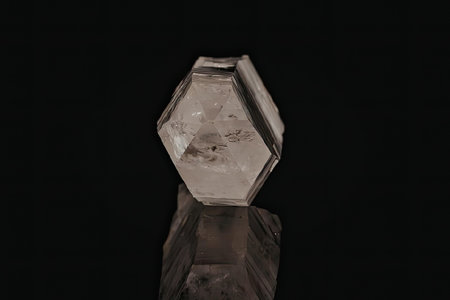 A large crystal mineral specimen with a hexagonal shape and a reflective surface, possibly quartz or another type of crystal, set against a black background.の写真素材