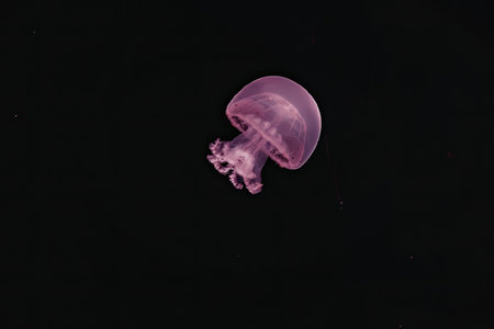 A purple jellyfish swimming in the dark water with its tentacles trailing behind.
